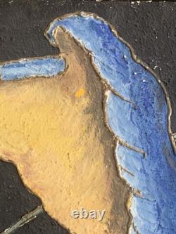 Tableau ancien peinture portrait animalier Ara feuillage houx art deco