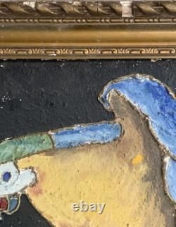 Tableau ancien peinture portrait animalier Ara feuillage houx art deco