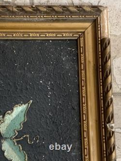 Tableau ancien peinture portrait animalier Ara feuillage houx art deco