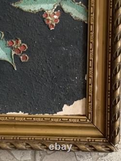 Tableau ancien peinture portrait animalier Ara feuillage houx art deco