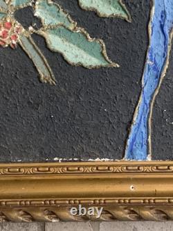 Tableau ancien peinture portrait animalier Ara feuillage houx art deco