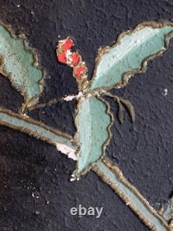 Tableau ancien peinture portrait animalier Ara feuillage houx art deco