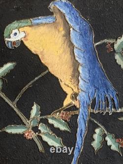 Tableau ancien peinture portrait animalier Ara feuillage houx art deco