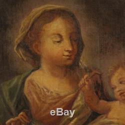 Tableau ancien peinture religieux italien huile toile Madonne avec enfant 700