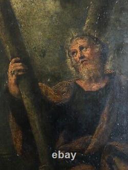 Tableau ancien peinture sur cuivre XIXe Portrait d'un Apôtre Saint à identifier