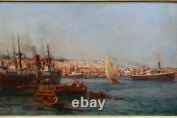 Tableau ancien port marine Alger orientaliste bateau vapeurs Jobert signé