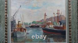 Tableau ancien port marine bateau vapeurs Rouen