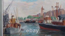 Tableau ancien port marine bateau vapeurs Rouen