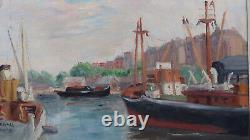 Tableau ancien port marine bateau vapeurs Rouen