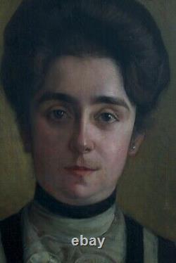 Tableau ancien portrait Art Nouveau Jeune femme Robe J. P Carré Bordeaux hst 1900