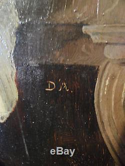 Tableau ancien portrait d' Elégante 19 eme monogrammé D. A
