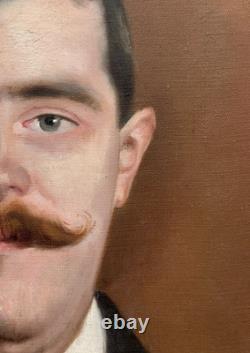 Tableau ancien portrait d'homme Roux moustache costume Art Nouveau 1895 signé