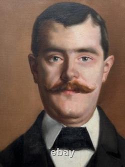 Tableau ancien portrait d'homme Roux moustache costume Art Nouveau 1895 signé