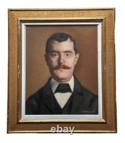 Tableau ancien portrait d'homme Roux moustache costume Art Nouveau 1895 signé