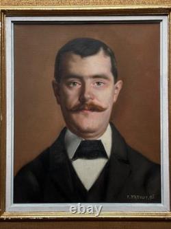 Tableau ancien portrait d'homme Roux moustache costume Art Nouveau 1895 signé