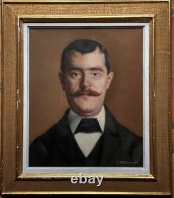 Tableau ancien portrait d'homme Roux moustache costume Art Nouveau 1895 signé