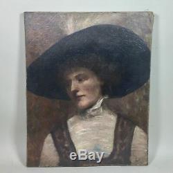 Tableau ancien, portrait d'une élégante au chapeau