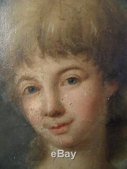 Tableau ancien portrait d' une jeune femme 18 eme