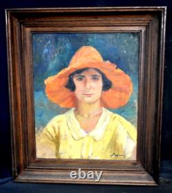 Tableau ancien portrait dame Provençale signé Gaston Hoffmann XXème