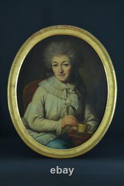 Tableau ancien portrait de Dame de Qualité costume Louis XVI 18 ème ovale hst