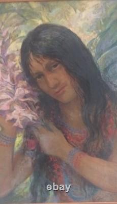 Tableau ancien portrait de femme Laffite Henri 1958 Bresil