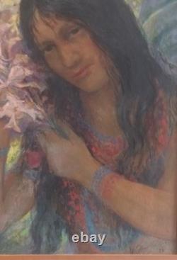 Tableau ancien portrait de femme Laffite Henri 1958 Bresil