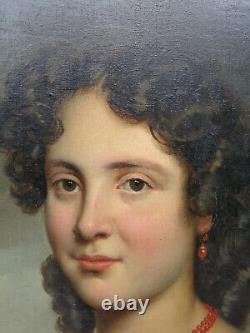 Tableau ancien portrait de femme vers 1820 huile sur toile peinture XIXe