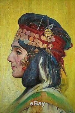 Tableau ancien portrait féminin aux bijoux Orientaliste signé Blancpain fin XIXe