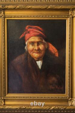 Tableau ancien portrait femme signé Van Aelst huile toile cadre doré