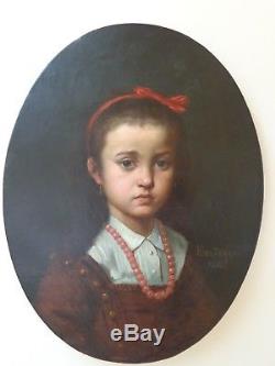 Tableau ancien portrait fille Hippolyte BERTEAUX 1843-1926 peinture signé daté