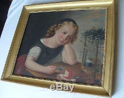 Tableau ancien portrait jeune fille qui pleure 1837 huile toile oil girl superbe