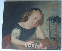 Tableau ancien portrait jeune fille qui pleure 1837 huile toile oil girl superbe
