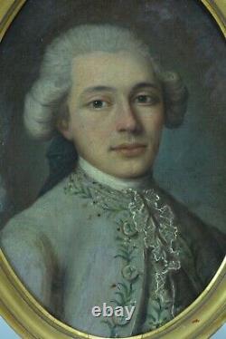 Tableau ancien portrait jeune homme Costume Cravate Dentelle Louis XV sv Drouais