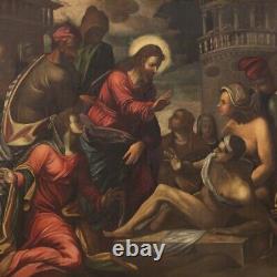 Tableau ancien religieux peinture huile sur toile Jesus Résurrection de Lazare