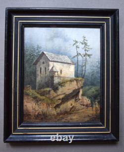 Tableau ancien romantique d'une chapelle dans une forêt, début du XIXème siècle