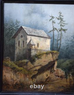 Tableau ancien romantique d'une chapelle dans une forêt, début du XIXème siècle