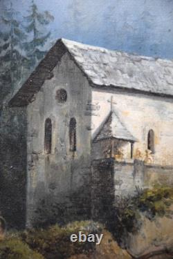 Tableau ancien romantique d'une chapelle dans une forêt, début du XIXème siècle