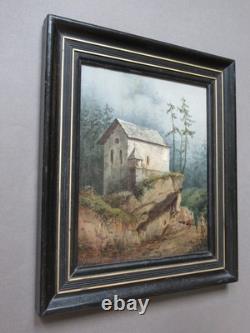 Tableau ancien romantique d'une chapelle dans une forêt, début du XIXème siècle