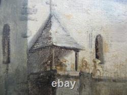 Tableau ancien romantique d'une chapelle dans une forêt, début du XIXème siècle