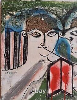 Tableau ancien scène de genre portait Toxicomanes Drogati cubique Miro Carcano