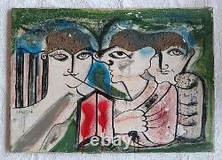 Tableau ancien scène de genre portait Toxicomanes Drogati cubique Miro Carcano