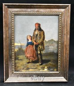 Tableau ancien scène de paternité Père et sa fille époque XIXème