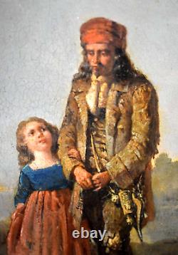 Tableau ancien scène de paternité Père et sa fille époque XIXème