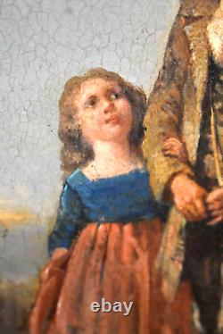 Tableau ancien scène de paternité Père et sa fille époque XIXème