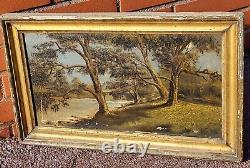 Tableau ancien signé 1889. Bord De Rivière Peinture huile sur toile. A Restaurer