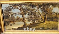 Tableau ancien signé 1889. Bord De Rivière Peinture huile sur toile. A Restaurer