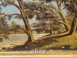 Tableau ancien signé 1889. Bord De Rivière Peinture huile sur toile. A Restaurer
