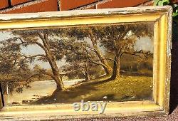 Tableau ancien signé 1889. Bord De Rivière Peinture huile sur toile. A Restaurer