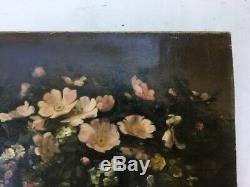 Tableau ancien signé Badel, Huile sur toile, Bouquet de fleurs, XIXe