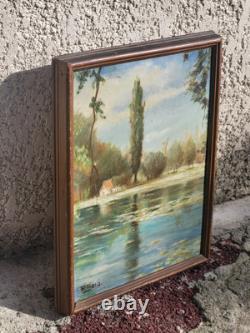 Tableau ancien signé. Bord de Rivière Peinture huile sur panneau D'isorel